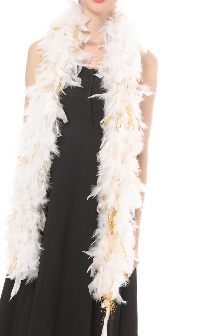 Flydreamfeathers 80 Gram, 2 yards Long Turkey Chandelle Feather Boa, Great for Party, Wedding, Halloween Costume, Christmas Tree Decoration (white w/gold tinsel color) - Image 2